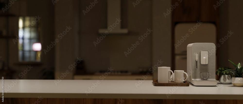 A modern minimal coffee maker or espresso machine and a mug tray on a tabletop in a modern kitchen.