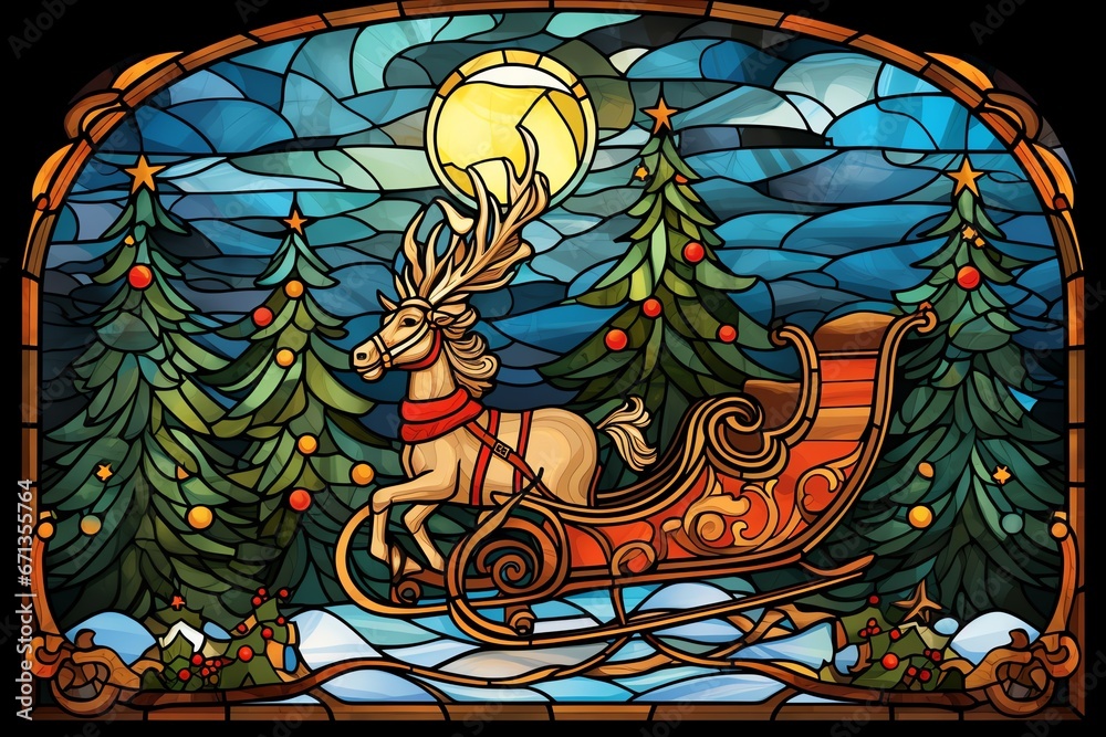 Illustration in stained glass style with Santa Claus on a sleigh pulled by a Christmas tree Illustration in stained glass style with Santa Claus on a sleigh pulled by a Christmas tree
