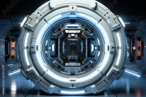 Space station airlock door slightly open  exposing the darkness of outer space beyond  Generative AI