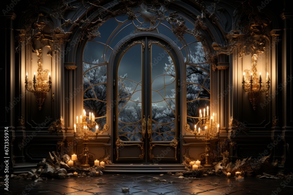 Vintage French door cracked open to reveal a dimly lit, classic interior with ornate furnishings, Generative AI 