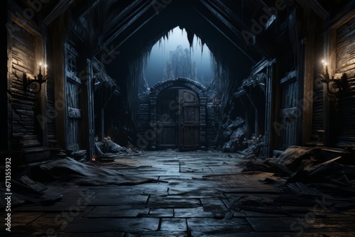 Spooky haunted house door ajar, offering a peek into a dim and eerie room with ghostly elements, Generative AI