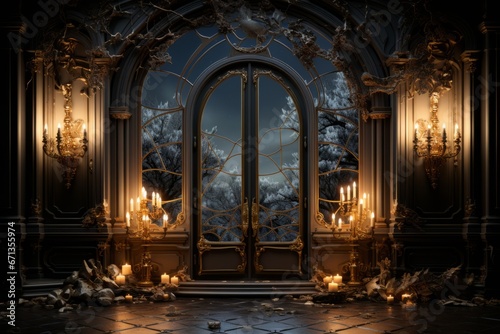 Vintage French door cracked open to reveal a dimly lit, classic interior with ornate furnishings, Generative AI 