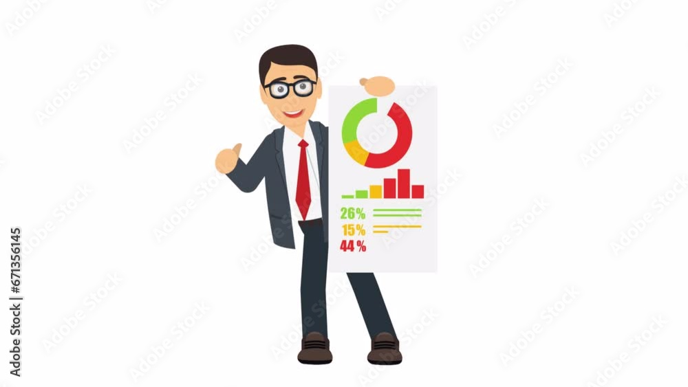 Businessman points to the diagram. Animation business strategy info graphics from consultant, alpha channel. Cartoon Businessman points to the diagram. Animation business strategy info graphics from consultant, alpha channel. Cartoon