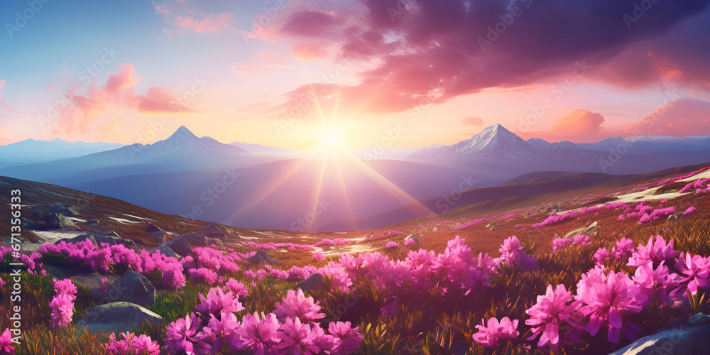 The sun is rising over the mountains and flowers,sunrise, mountains, flowers, mountain landscape, dawn, Sunrise Landscape with Wildflowers - obrazy, fototapety, plakaty 