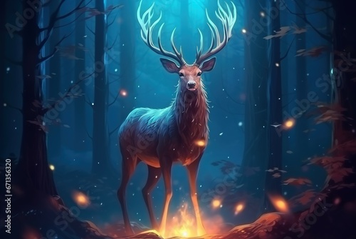 An illustration of a deer with beautiful glowing horns standing majestically against a forest backdrop with a blue moonlight against the white snow shining at night. © Khomkrit
