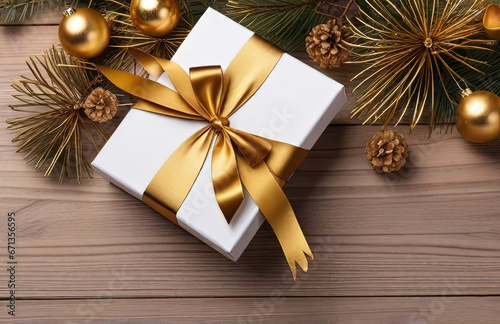 Christmas gift box with golden bow on wooden background © Preyanuch