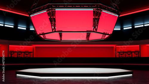 Futuristic TV game show studio design with rectangular stadium monitors and empty stage. photo