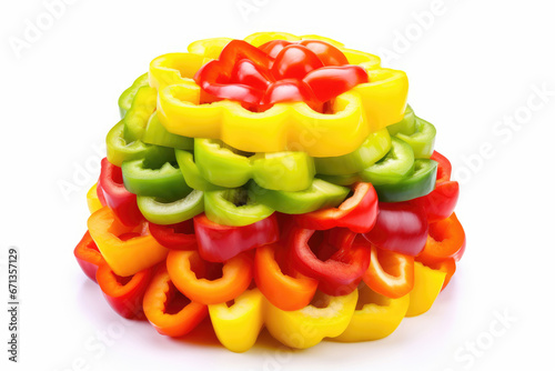 Mixed sliced multi colored sweet bell pepper, isolated on white background