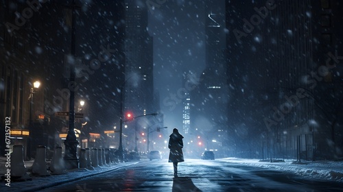 Solitary Figure Amidst Manhattan Snowfall: An Enchanting Evening