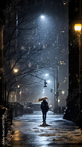 Solitary Figure Amidst Manhattan Snowfall: An Enchanting Evening