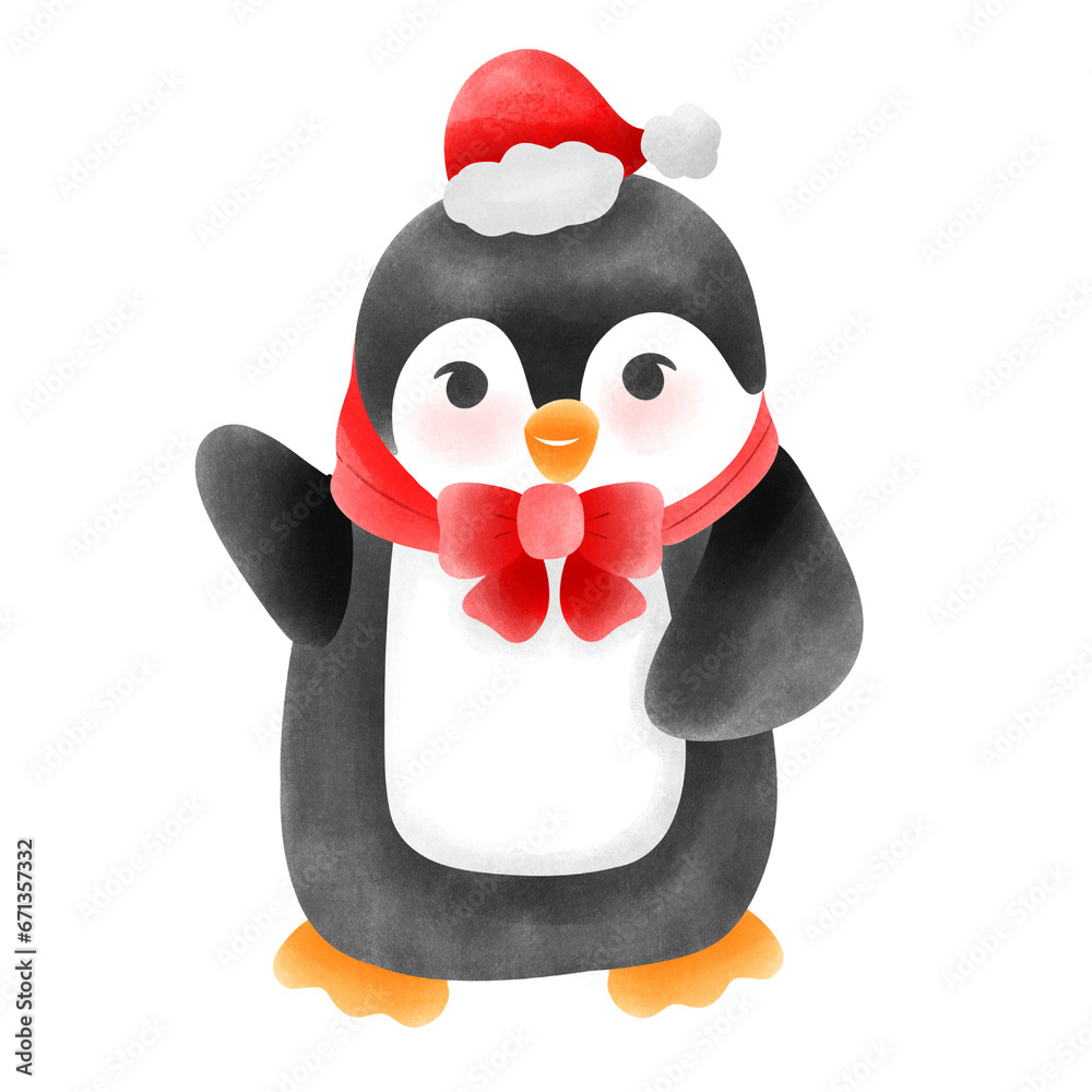 Adorable Winter Penguin with Red Scarf and Hat Whimsical Christmas Illustration Adorable Winter Penguin with Red Scarf and Hat Whimsical Christmas Illustration