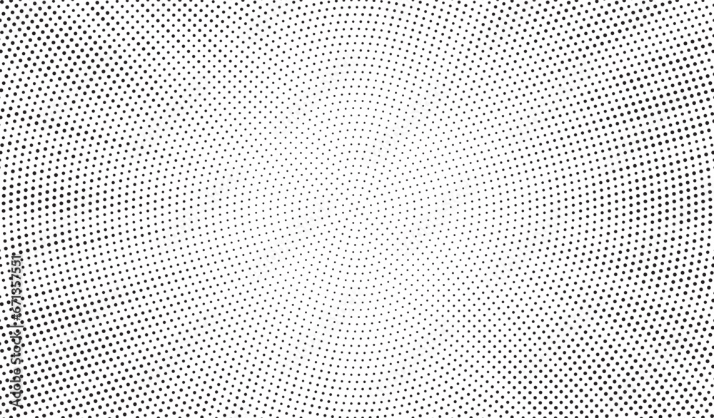 Radial halftone dots background. Spotted and dotted stains gradient background. Concentric comic texture with fading effect. Grunge monochrome geometric backdrop. Vector illustration.  - obrazy, fototapety, plakaty 