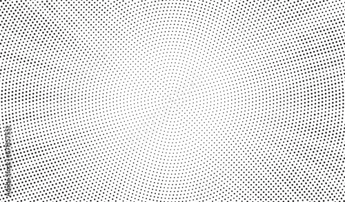 Radial halftone dots background. Spotted and dotted stains gradient background. Concentric comic texture with fading effect. Grunge monochrome geometric backdrop. Vector illustration. 