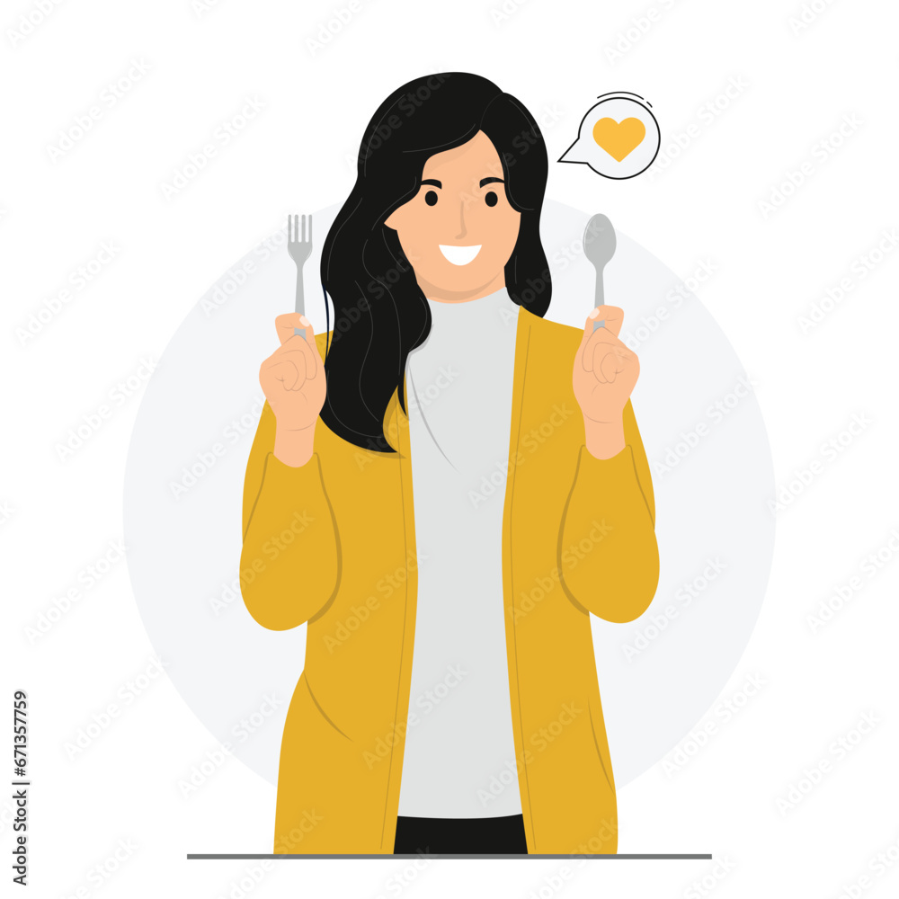 Flat vector woman holding spoon and fork hungry ready to breakfast lunch dinner eat food Flat vector woman holding spoon and fork hungry ready to breakfast lunch dinner eat food