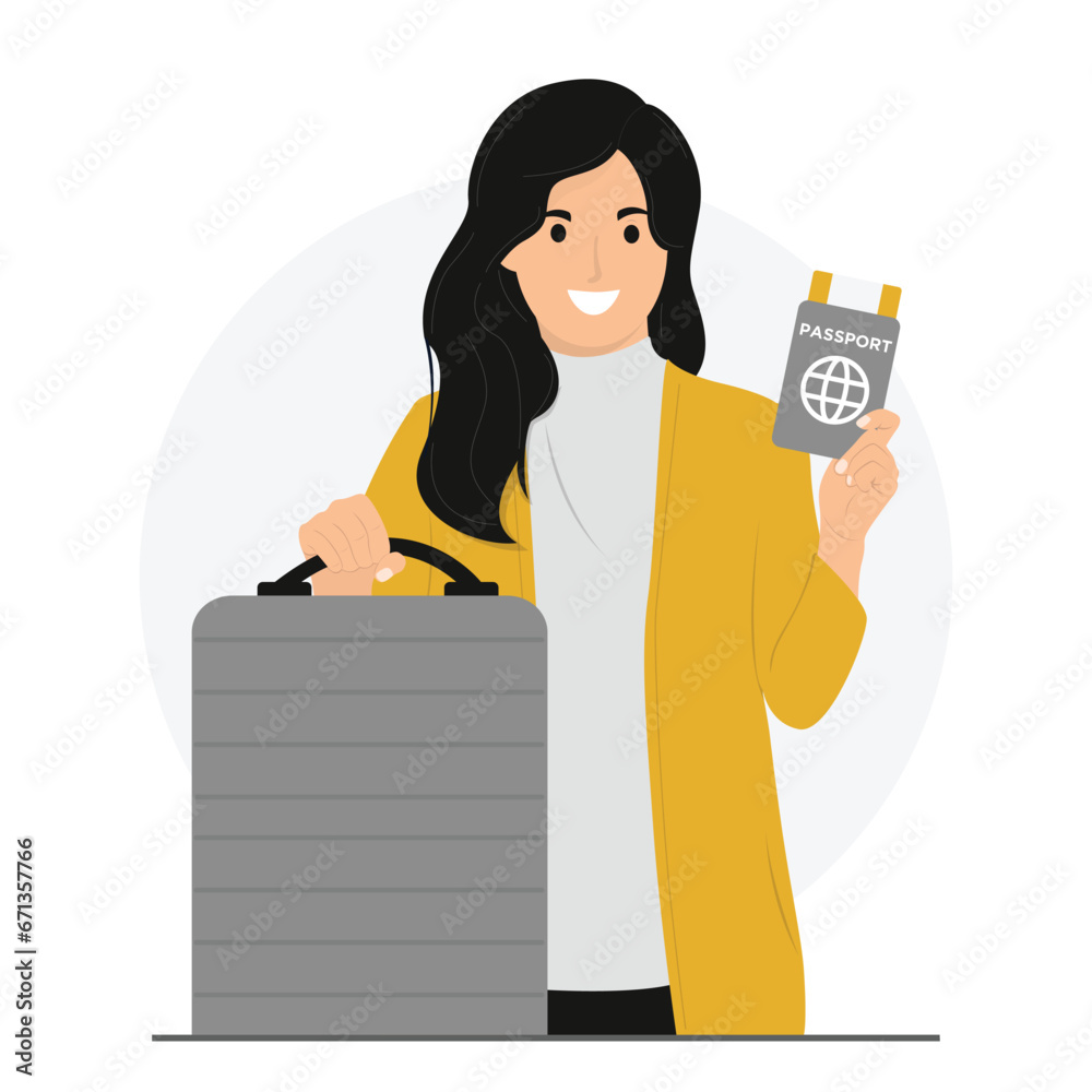 Flat vector happy tourist holding passport and tickets traveling summer vacation trip Flat vector happy tourist holding passport and tickets traveling summer vacation trip