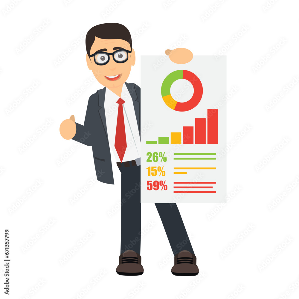 Businessman points to the diagram. Business strategy info graphics from a consultant, vector illustration