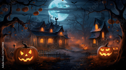 halloween background with pumpkins in the full moon night