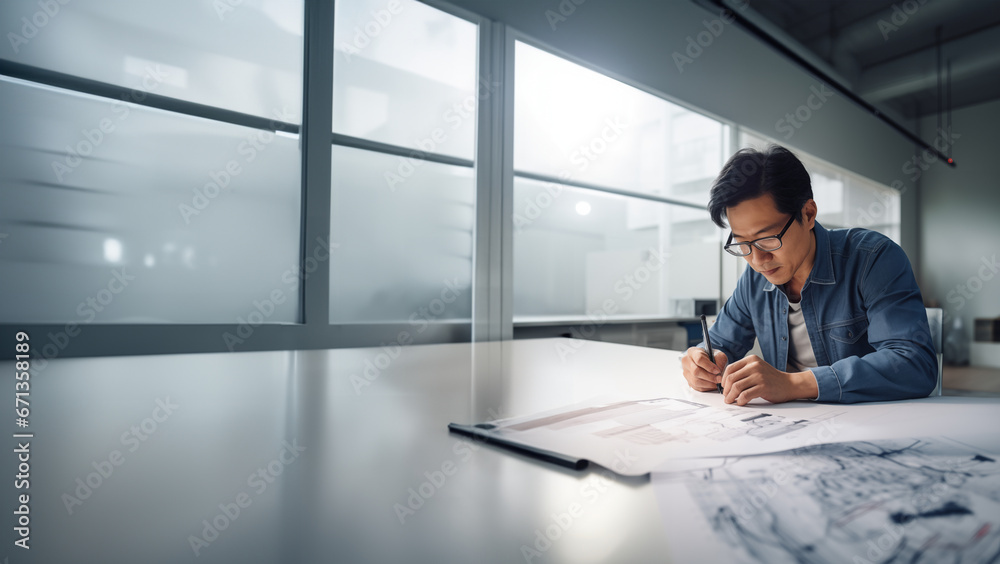 Engineer working on blueprints in his office Engineer working on blueprints in his office