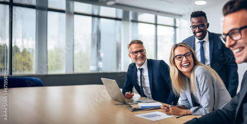 Coworkers laughing in a brightly lit office wearing glasses photo