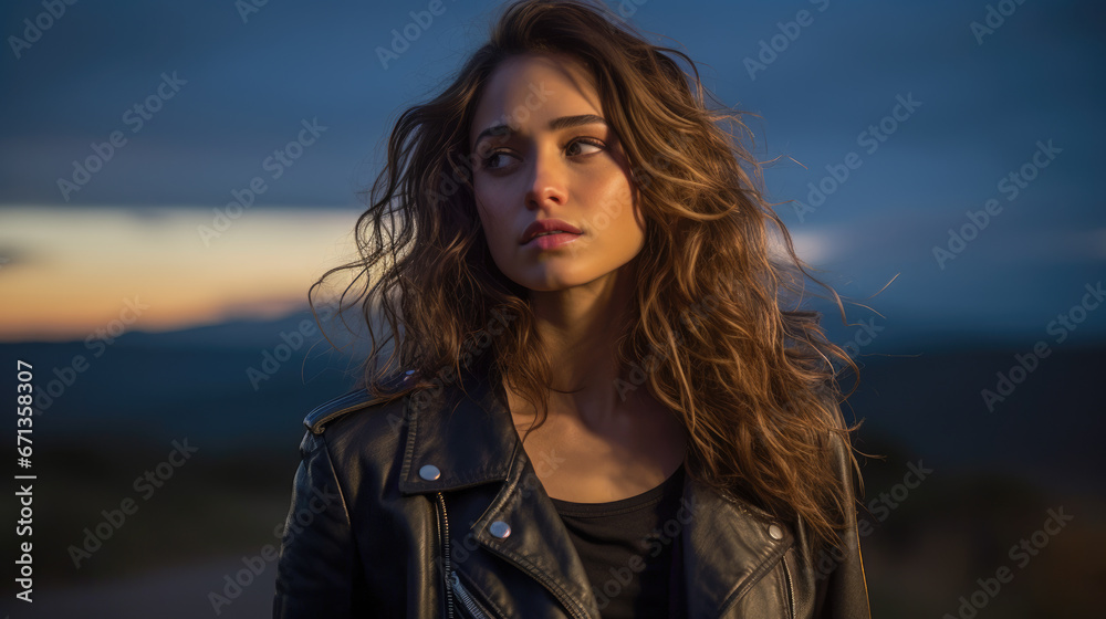 Contemplative Young Woman in Fashionable Leather Jacket against Twilight Sky