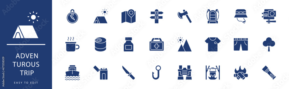 Adventurous Trip icon collection. Containing Boots, Camera, Camping Gas, Canoeing, Canteen, Carabiner, icons. Vector illustration & easy to edit. Adventurous Trip icon collection. Containing Boots, Camera, Camping Gas, Canoeing, Canteen, Carabiner, icons. Vector illustration & easy to edit.