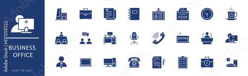 Business Office icon collection. Containing Id Card, Idea, Interview, Keyboard, Lamp, Laptop, icons. Vector illustration & easy to edit.