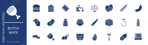 ButchMate icon collection. Containing Fried Chicken, Ham, Hand Gloves, Hook, Hot Dog, Knife,  icons. Vector illustration & easy to edit.