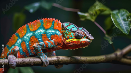 Chameleon with multicolored skin sits on a tree branch in a jungle setting
