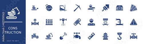 construction icon collection. Containing Forklift, Hammer, Hand Saw, Helmet, Hook, House,  icons. Vector illustration & easy to edit.