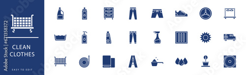 Clean Clothes icon collection. Containing Iron, Jeans, Laundry Bag, Liquid Soap, Nature, Pants,  icons. Vector illustration & easy to edit.