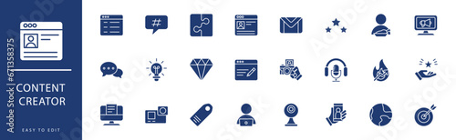 Content Creator icon collection. Containing Live Streaming, Magnet, Man, Marketing, Money, News,  icons. Vector illustration & easy to edit.
