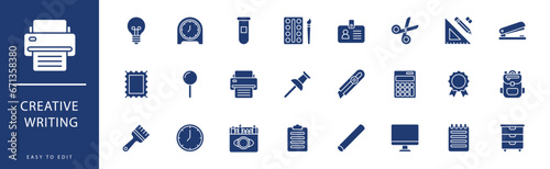 Creative Writing icon collection. Containing Geometry, Globe, Glue Stick, Lamp, Marker, Notebook,  icons. Vector illustration & easy to edit. photo