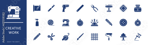 Creative work icon collection. Containing Metal Working, Origami, Paint Brush, Painting, Patch, Pencil,  icons. Vector illustration & easy to edit.