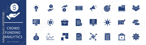 Crowdfunding analytics icon collection. Containing Calculator, Checklist, Cloud, Coin, Computer, Contract, icons. Vector illustration & easy to edit.