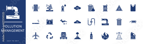 Pollution management icon collection. Containing Global Warming, Greenhouse, Leak, Light Bulb, Litter, Mine,  icons. Vector illustration & easy to edit.