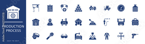 Production Process icon collection. Containing Milling Machine, Press, Product, Protective Clothing, Pulley, Recycling, icons. Vector illustration & easy to edit.