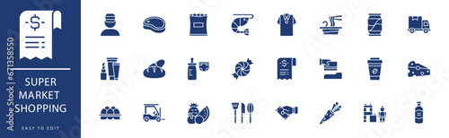 Supermarket shopping icon collection. Containing Instant Food, Kitchen Tools, Meat, Milk, Online Shopping, Payment, icons. Vector illustration & easy to edit.