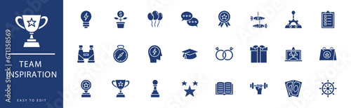 Team Inspiration icon collection. Containing Clipboard, Cogwheel, Communication, Compass, Cup, Diamond,  icons. Vector illustration & easy to edit.