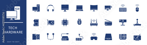 Tech Hardware icon collection. Containing Headphone, Joystick, Laptop, Modem, Monitor, Mouse,  icons. Vector illustration & easy to edit.