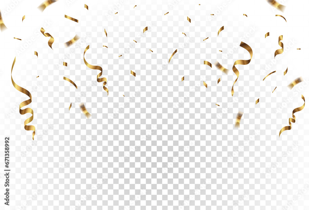 Gold confetti and ribbon streamers falling on a transparent background ...