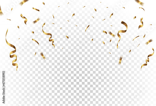Fotografia Gold confetti and ribbon streamers falling on a transparent background