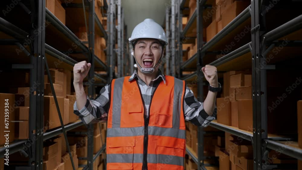 Asian Male Engineer With Safety Helmet Standing And Screaming Goal Celebrating Working In The Warehouse With Shelves Full Of Delivery Goods
