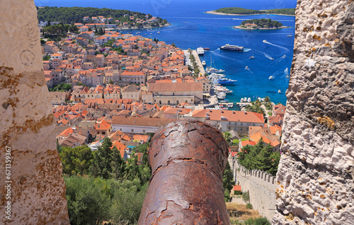 Aerial view of harbor of Hvar with Adriatic Sea and boats, Croatia