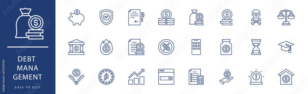 Debt management icon collection. Containing Handcuffs, Hourglass, House, Kneeling, Laptop, Logs,  icons. Vector illustration & easy to edit.