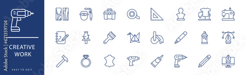 Creative work icon collection. Containing Clay Crafting, Crochet, Cross Stitch, Cutter, Digital Art, Drawing, icons. Vector illustration & easy to edit.