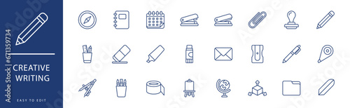 Creative Writing icon collection. Containing Chalk, Clipboard, Clock, Color Pencil, Compass, Computer,  icons. Vector illustration & easy to edit.