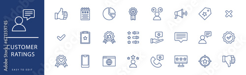 Customer Ratings icon collection. Containing Give Heart, Good Feedback, Happy, Items, Like, Loyalty,  icons. Vector illustration & easy to edit.