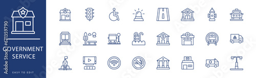 Government service icon collection. Containing Barbershop, Bus Stop, Bus, Carousel, Cinema, Cruch,  icons. Vector illustration & easy to edit. photo