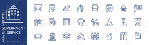 Government service icon collection. Containing Library, Museum, No Smoke, Park, Playground, Police Station, icons. Vector illustration & easy to edit.