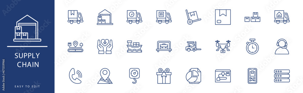 Supply Chain icon collection. Containing Breakage, Calculator, Calendar, Cargo Ship, Cargo, Chronometer, icons. Vector illustration & easy to edit. Supply Chain icon collection. Containing Breakage, Calculator, Calendar, Cargo Ship, Cargo, Chronometer, icons. Vector illustration & easy to edit.